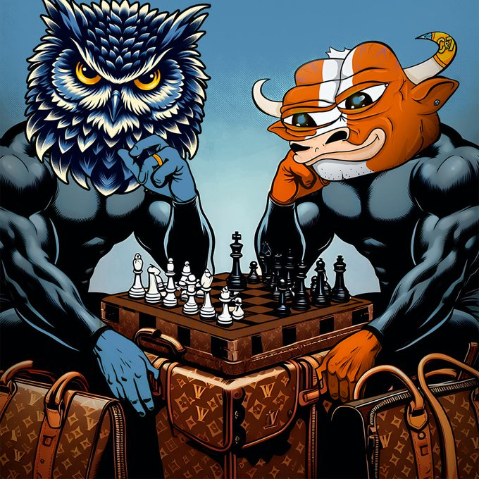 Starknet Owl playing chess with a bull